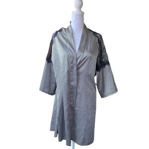 Victoria's Secret Houndstooth Lace Silky Kimono Robe Wrap S/M Black Luxury Spa